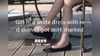 Girl in a white dress with red sleeves got skirt sharked